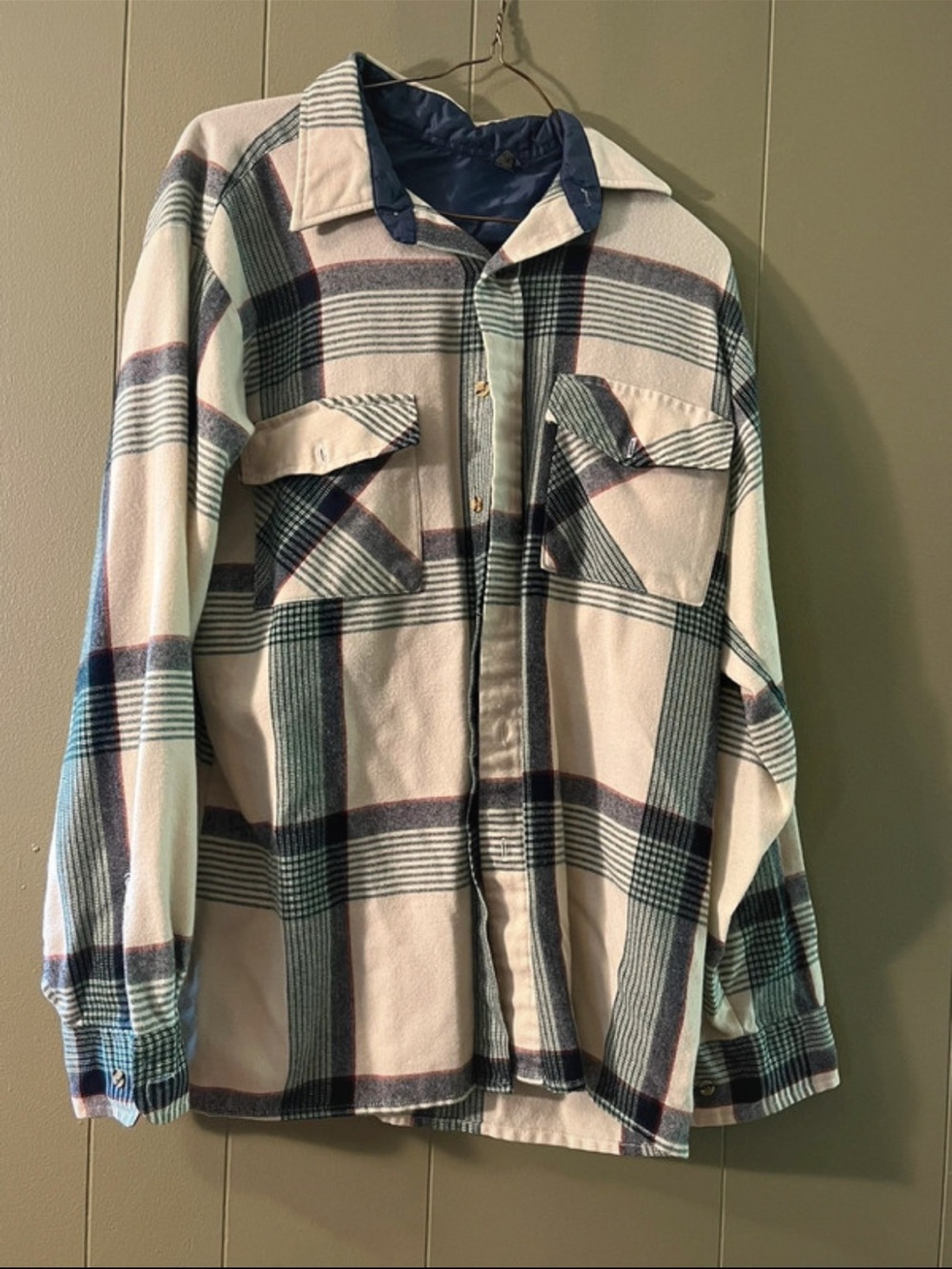 Men's Vintage Plaid Button-Down Shirt Jacket - Cream & Green Plaid
